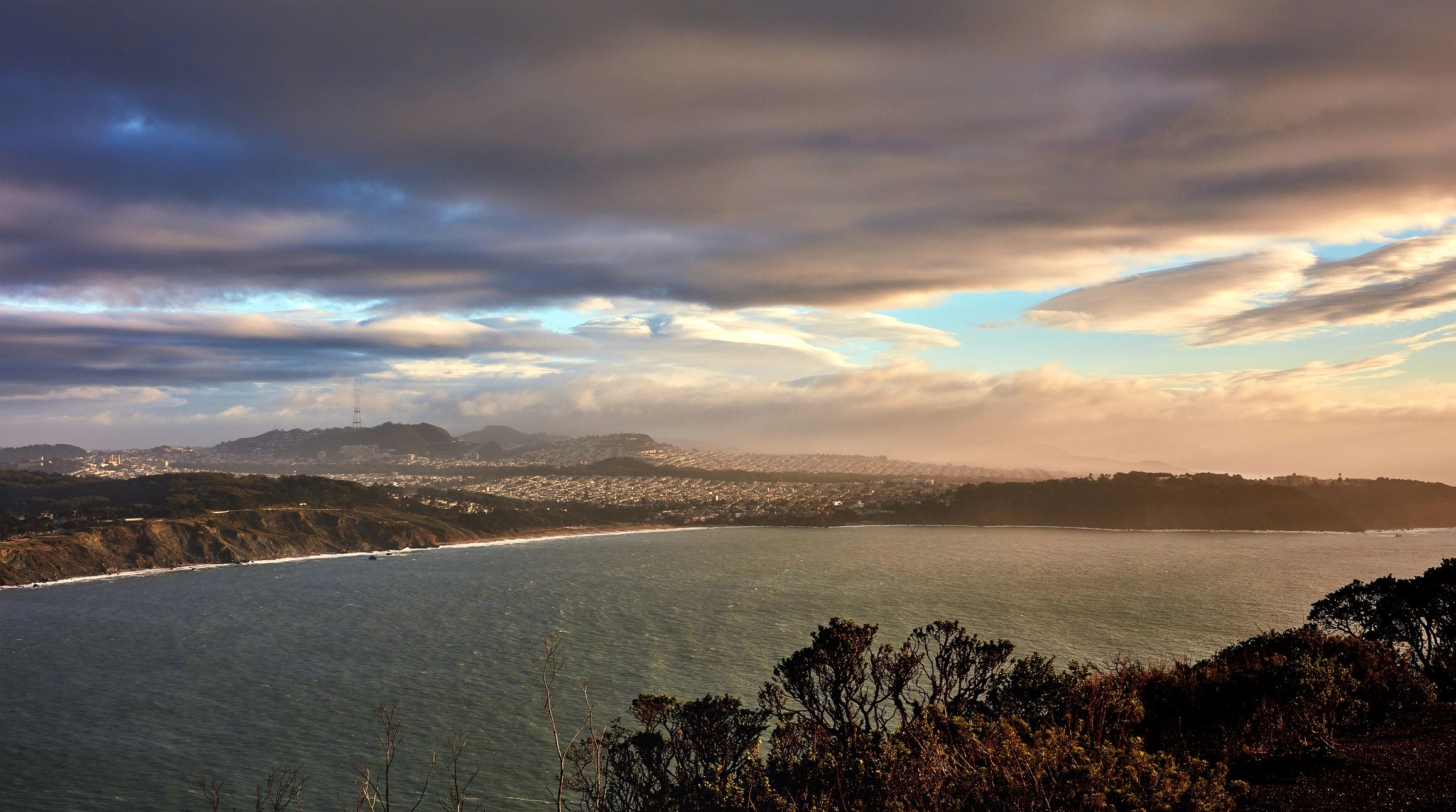 Aerial view of California coastline at sunset