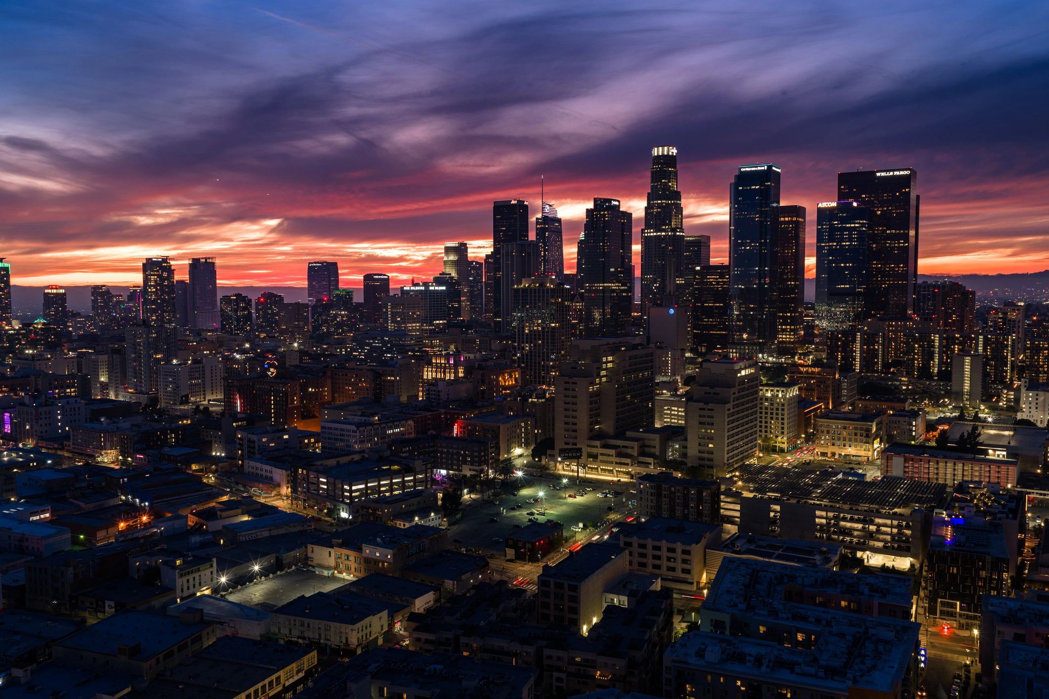 Aerial view of downtown Los Angeles at sunset